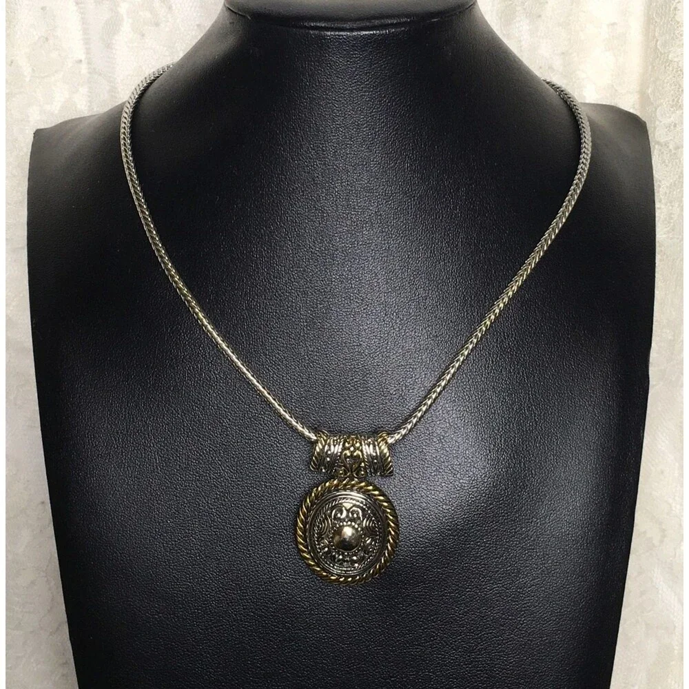 Vintage Silver Gold Tone Mix Necklace Ornate Medallion Woven Style Chain
